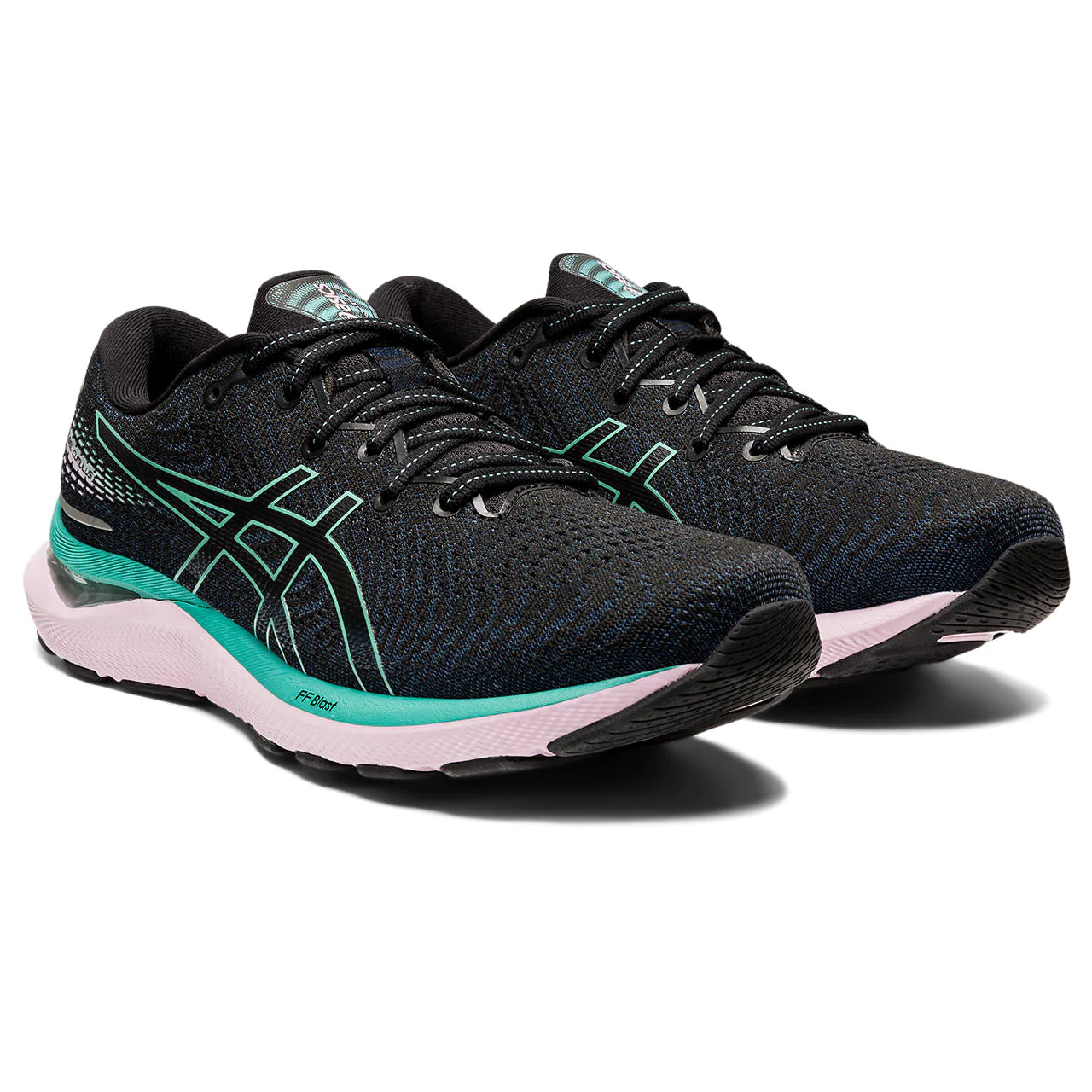 Front angled view of the Women's Gel Cumulus 24 by ASIC in the color Black/Sage