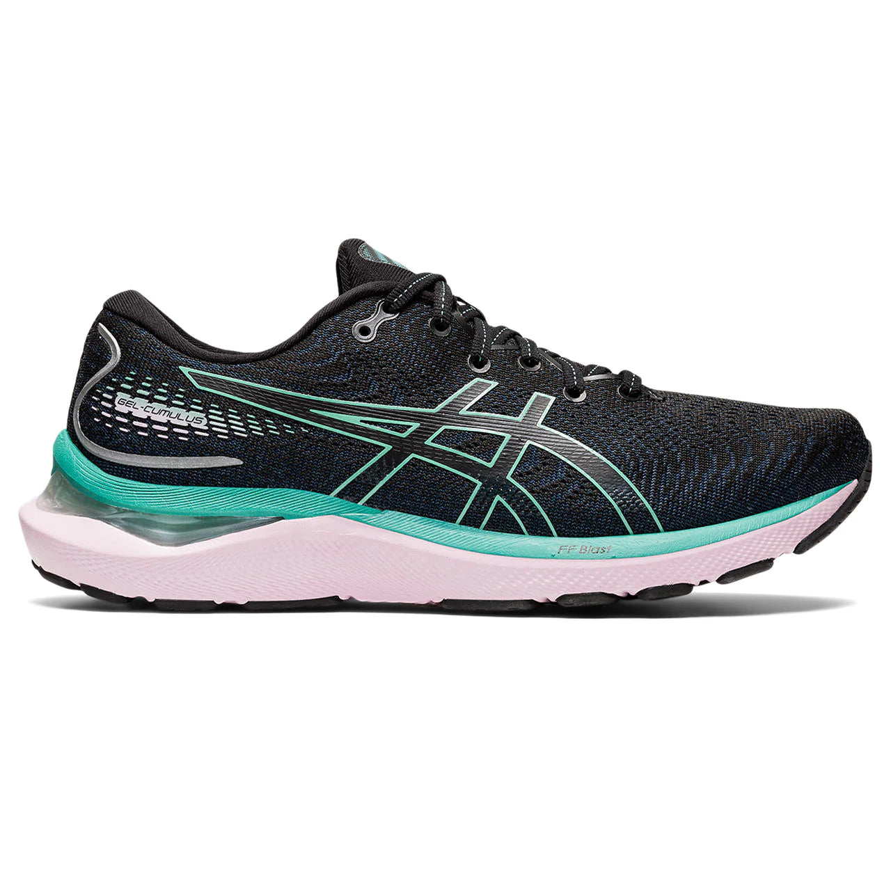 Lateral view of the Women's Gel Cumulus 24 by ASIC in the color Black/Sage