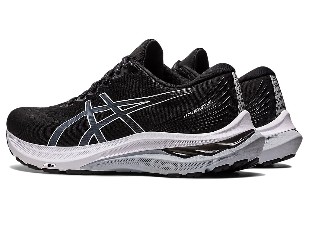 Angled back view of the Women's ASICS GT 2000 version 11 in Black/White