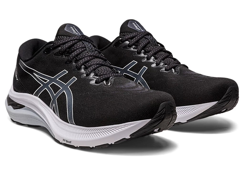 Front angled view of the Women's ASICS GT 2000 version 11 in Black/White