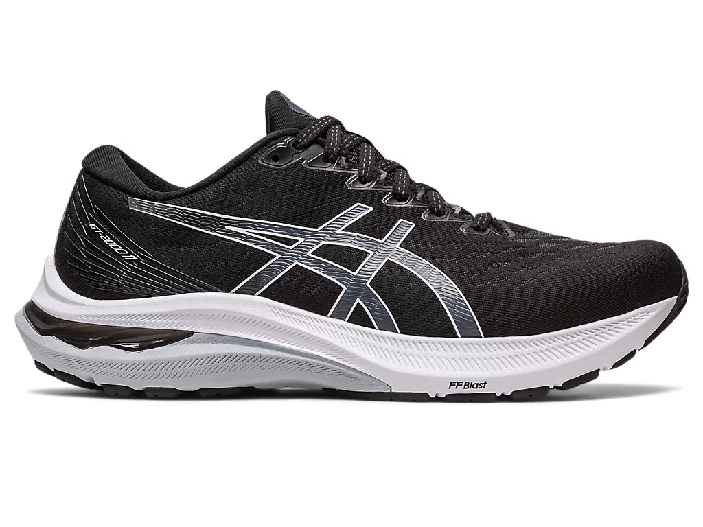 Lateral view of the Women's ASICS GT 2000 version 11 in Black/White