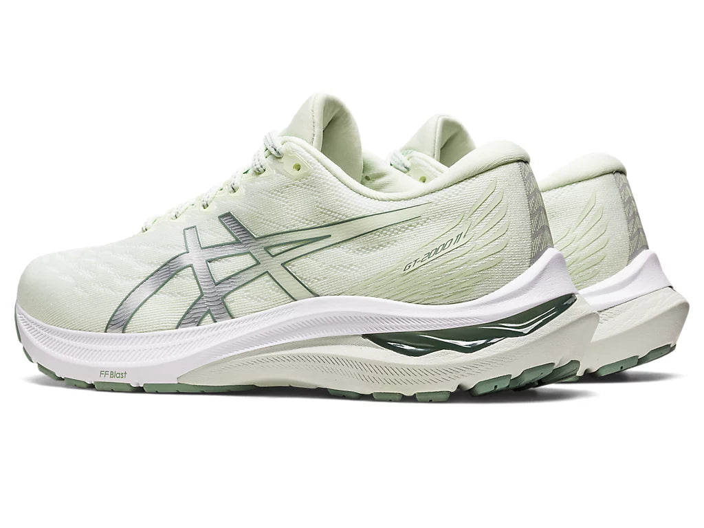 Back angled view of the Women's ASICS GT 2000 version 11 in the color Whisper Green/Pure Silver