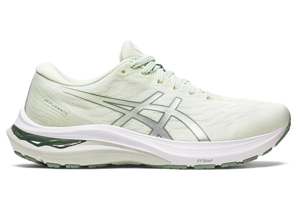 Lateral view of the Women's ASICS GT 2000 version 11 in the color Whisper Green/Pure Silver