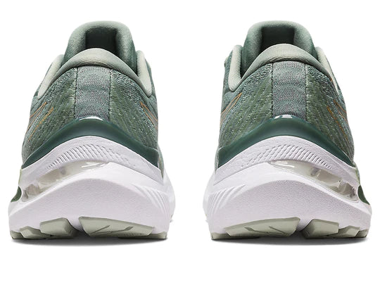 Back view of the Women's Kayano 29 by ASIC in the color Slate Grey / Champagne