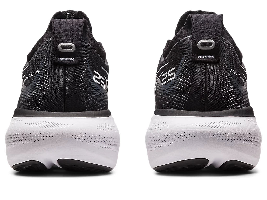 Back view of the Men's ASICS Nimbus 25 in the wide 2E width - color Black / Pure Silver