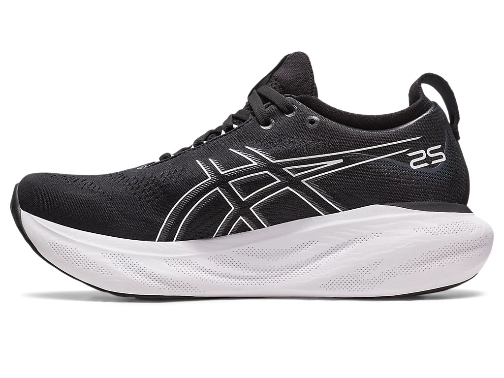 Medial view of the Men's ASICS Nimbus 25 in the wide 2E width - color Black / Pure Silver