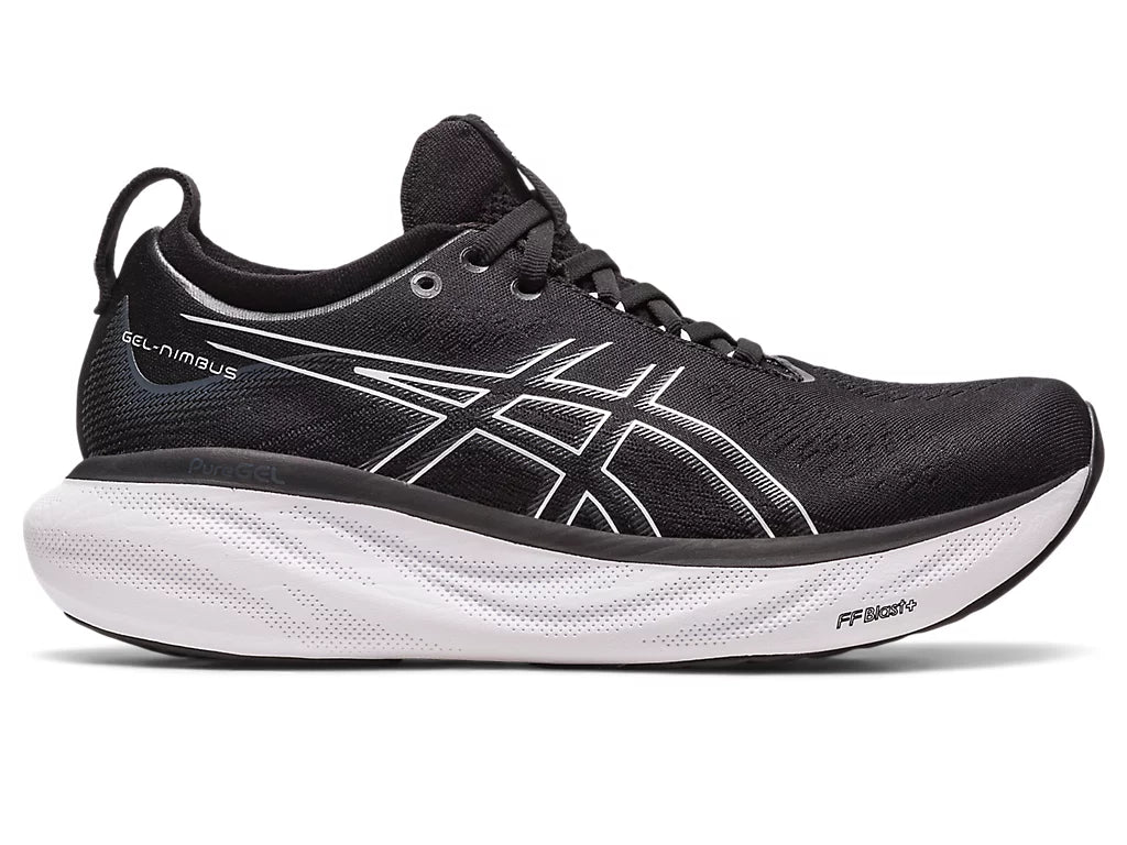 Lateral view of the Men's ASICS Nimbus 25 in the extra wide width 4E - color Black/Pure Silver