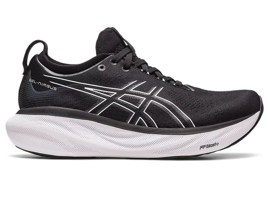 Lateral view of the Men's ASICS Nimbus 25 in the wide 2E width - color Black / Pure Silver