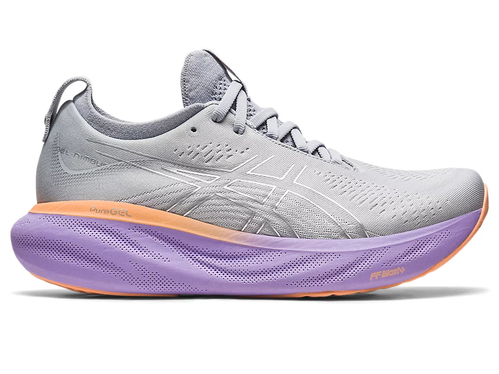 Lateral view of the Women's ASICS Nimbus 25 in the color Piedmont Grey/Pure Silver
