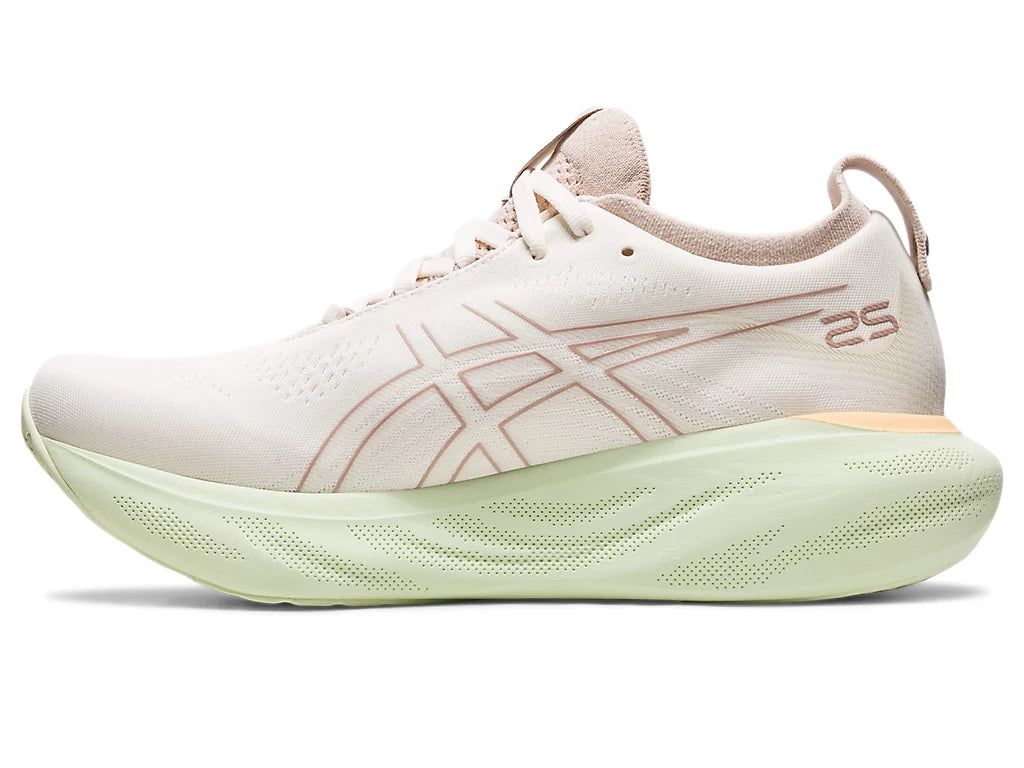 Medial view of the Women's ASICS Nimbus 25 in the color Cream/Fawn
