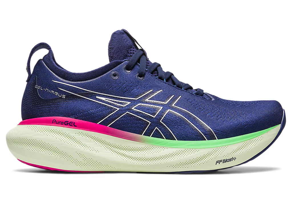 Lateral view of the Women's ASICS Nimbus 25 in the color Indigo Blue/Pure Silver