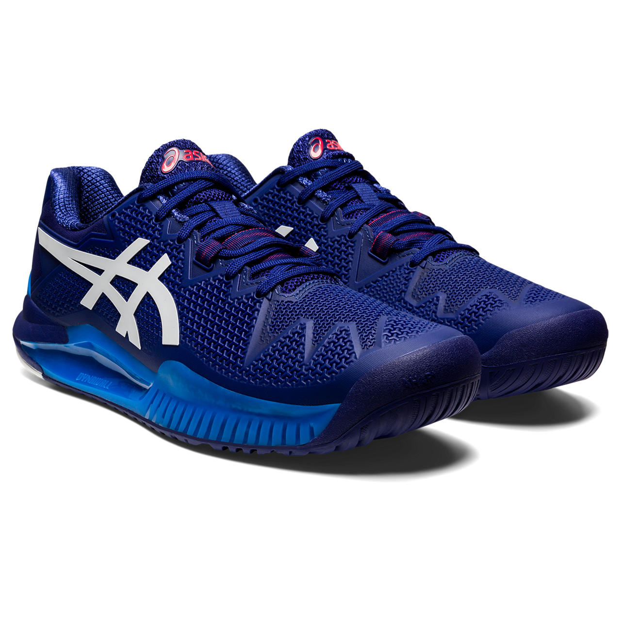 Front angle view of the Men's ASIC Gel Resolution 8 tennis shoe in the color Blue