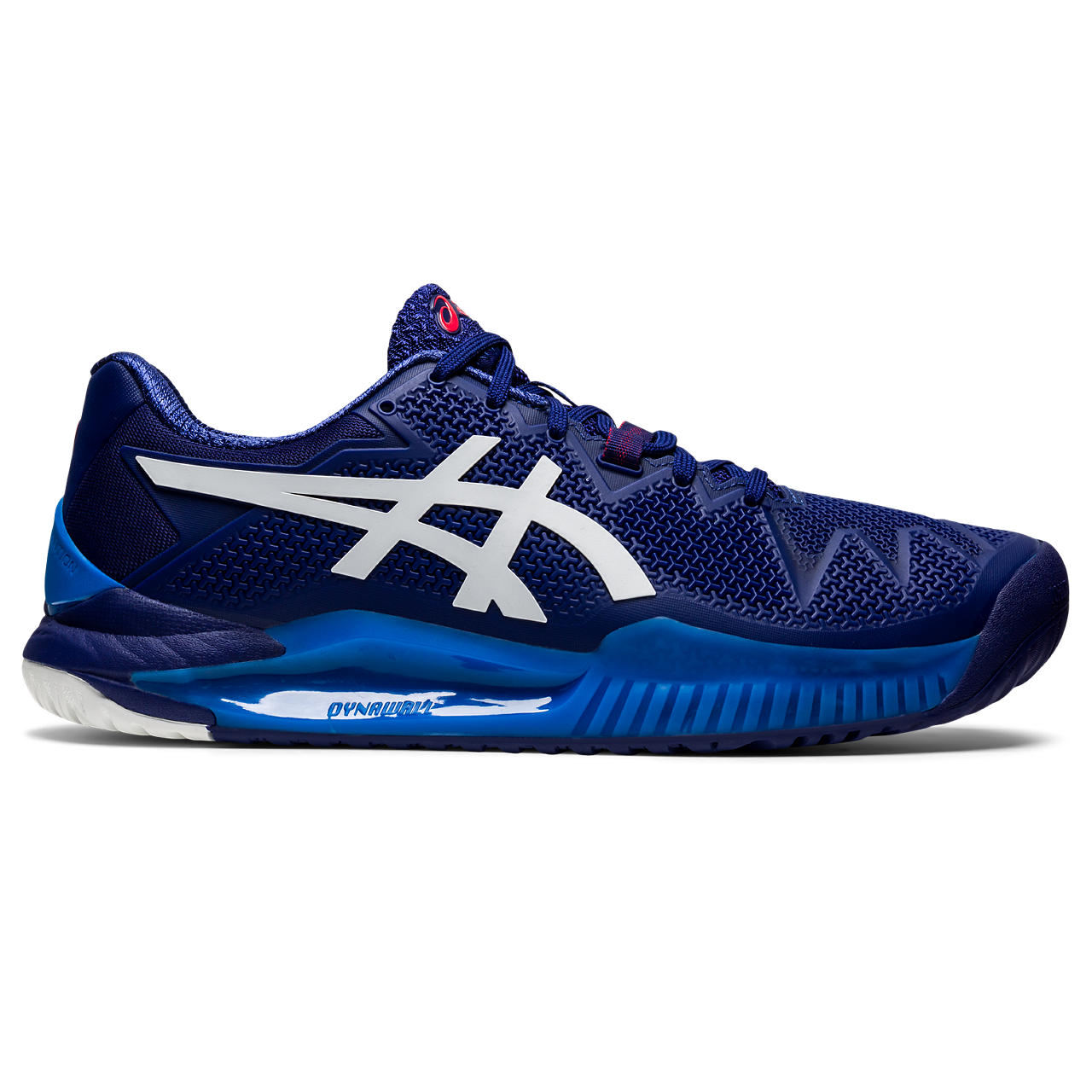 Lateral view of the Men's ASIC Gel Resolution 8 tennis shoe in the color Blue