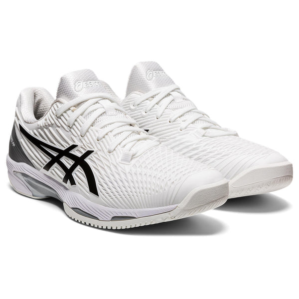 From a diagonal view the black ASICS logo is on the lateral side of the shoe and the medial side