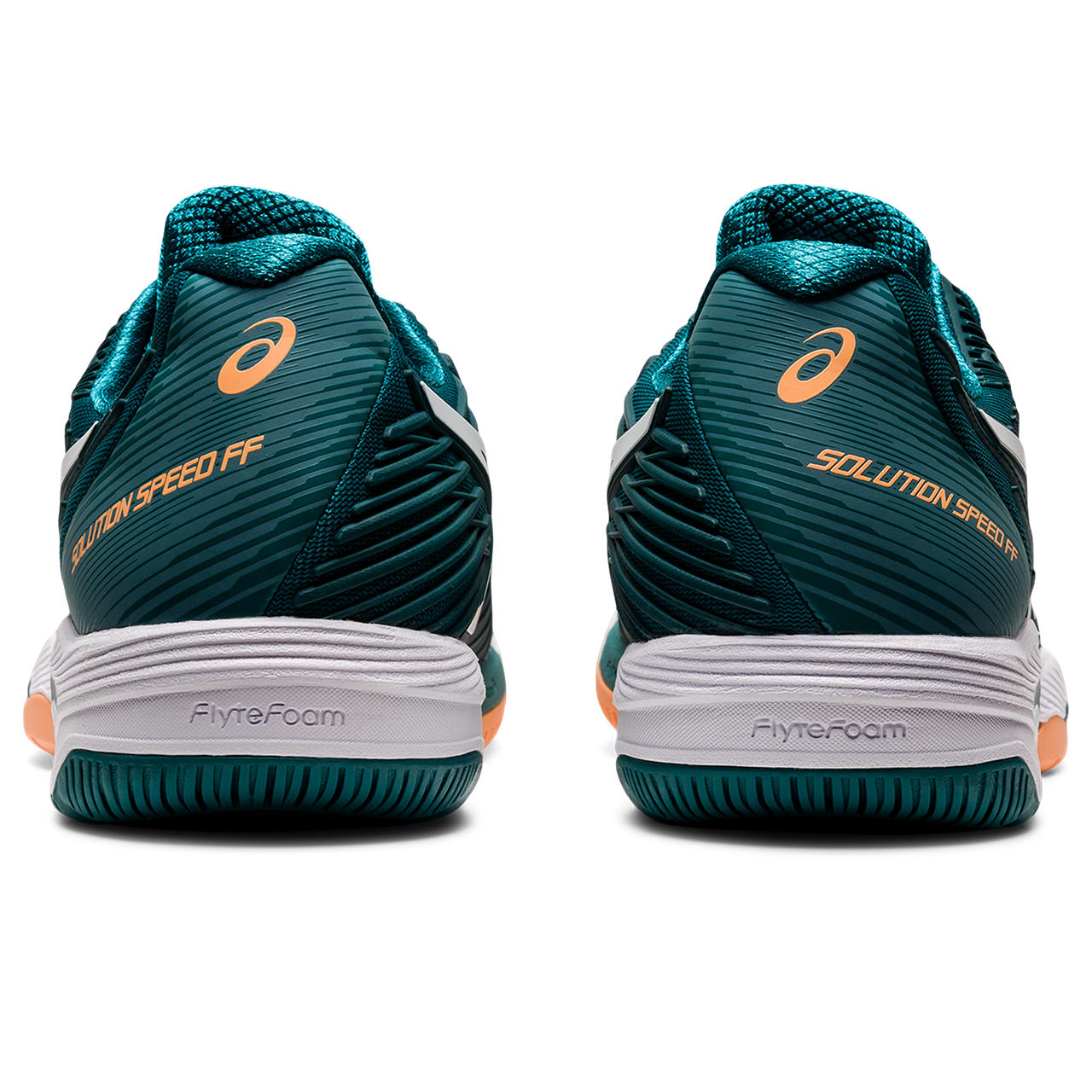 Back view of the Men's Solution Speed FF 2 tennis shoe by ASIC in the color Velvet Pine/White