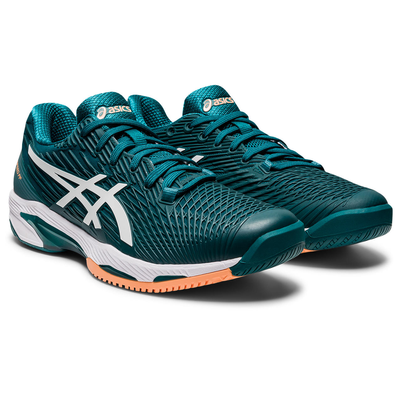 Front angle view of the Men's Solution Speed FF 2 tennis shoe by ASIC in the color Velvet Pine/White