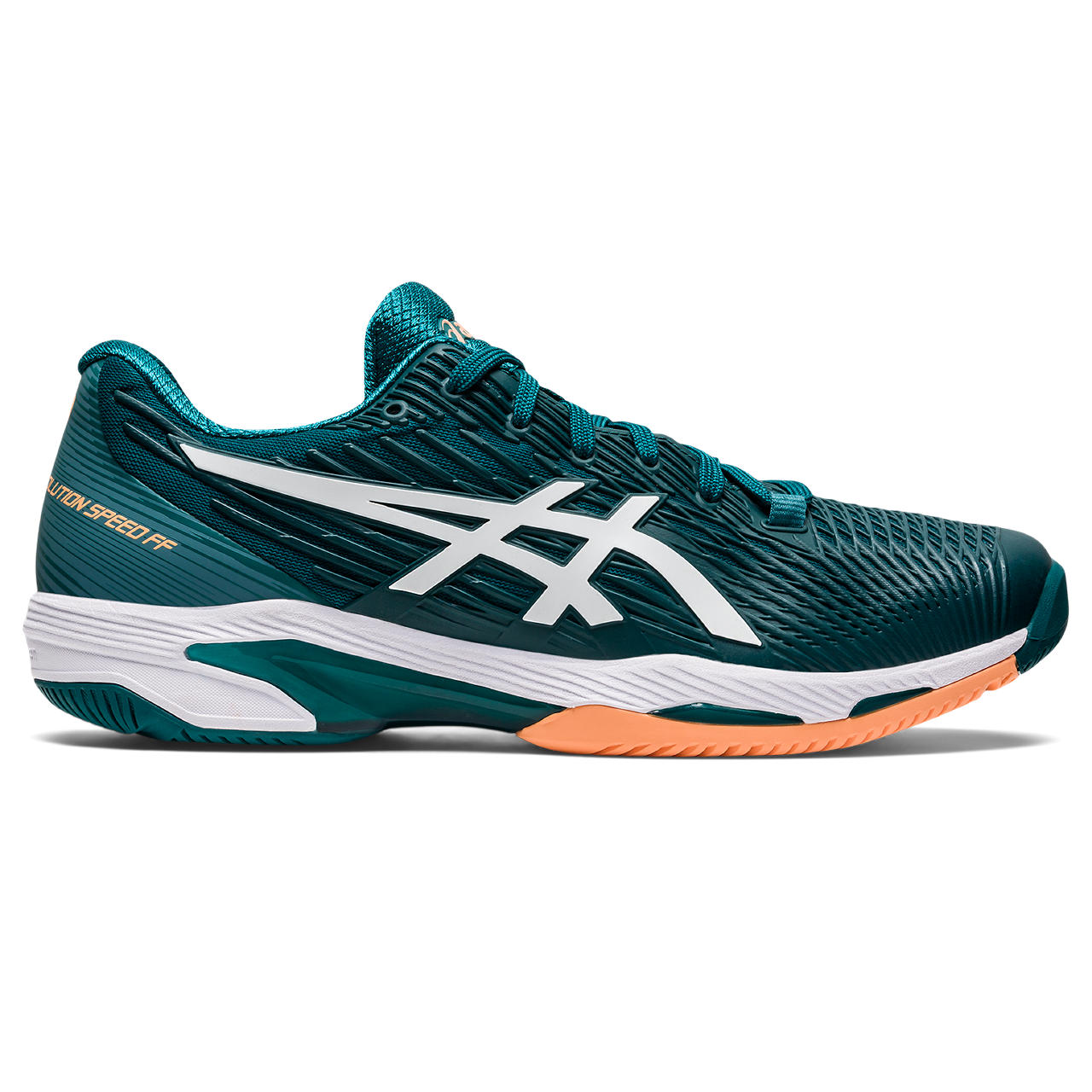 Lateral view of the Men's Solution Speed FF 2 tennis shoe by ASIC in the color Velvet Pine/White