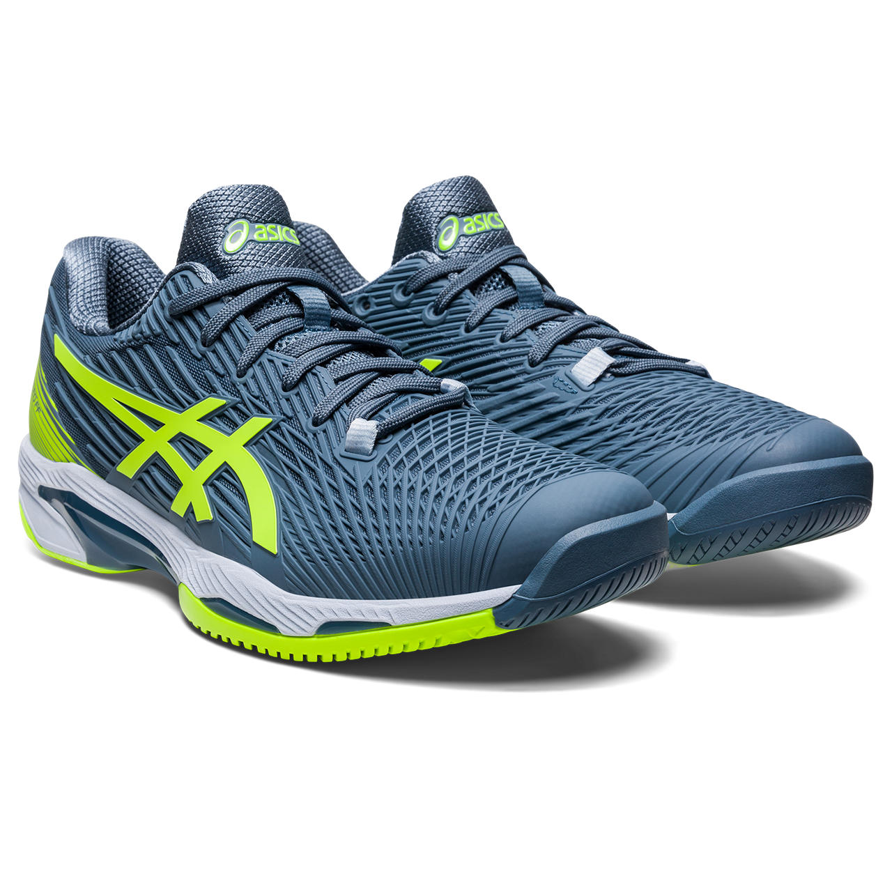 Front angle view of the Men's Solution Speed FF 2 tennis shoe by ASIC in the color Steel Blue/Hazard Green