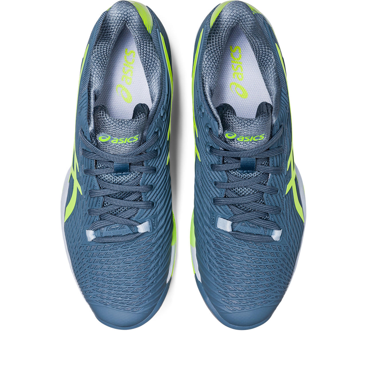 Top view of the Men's Solution Speed FF 2 tennis shoe by ASIC in the color Steel Blue/Hazard Green
