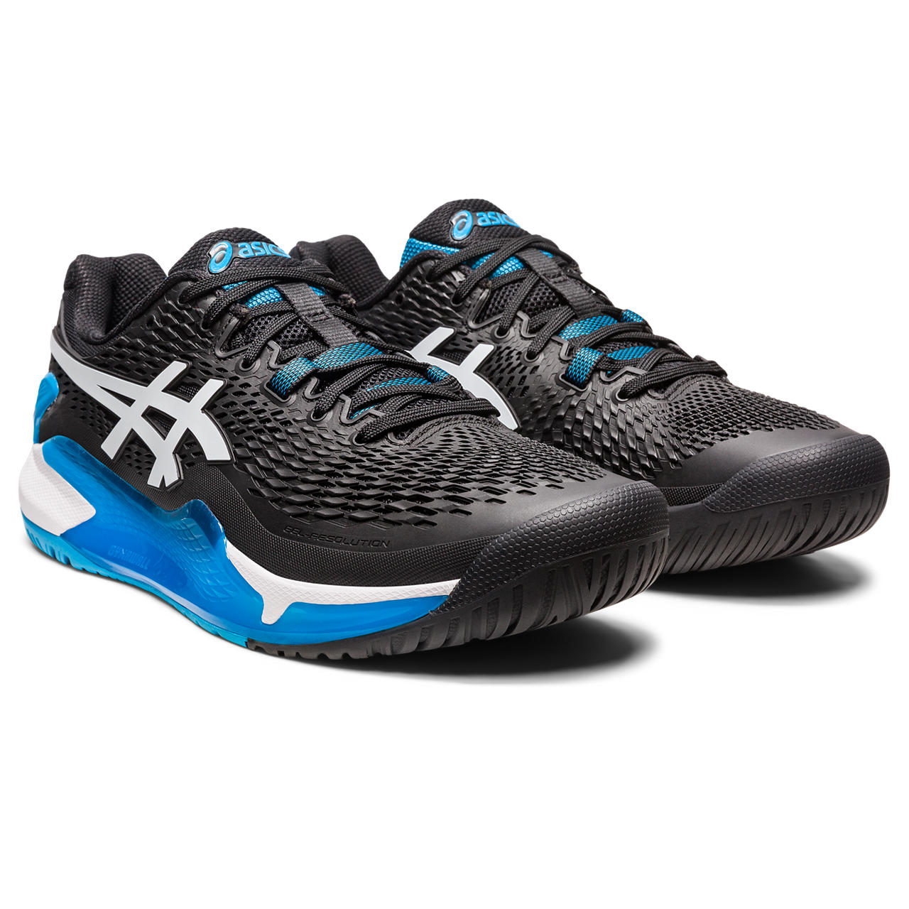 Front angle view of the ASIC Men's Resolution 9 tennis shoe in Black/White