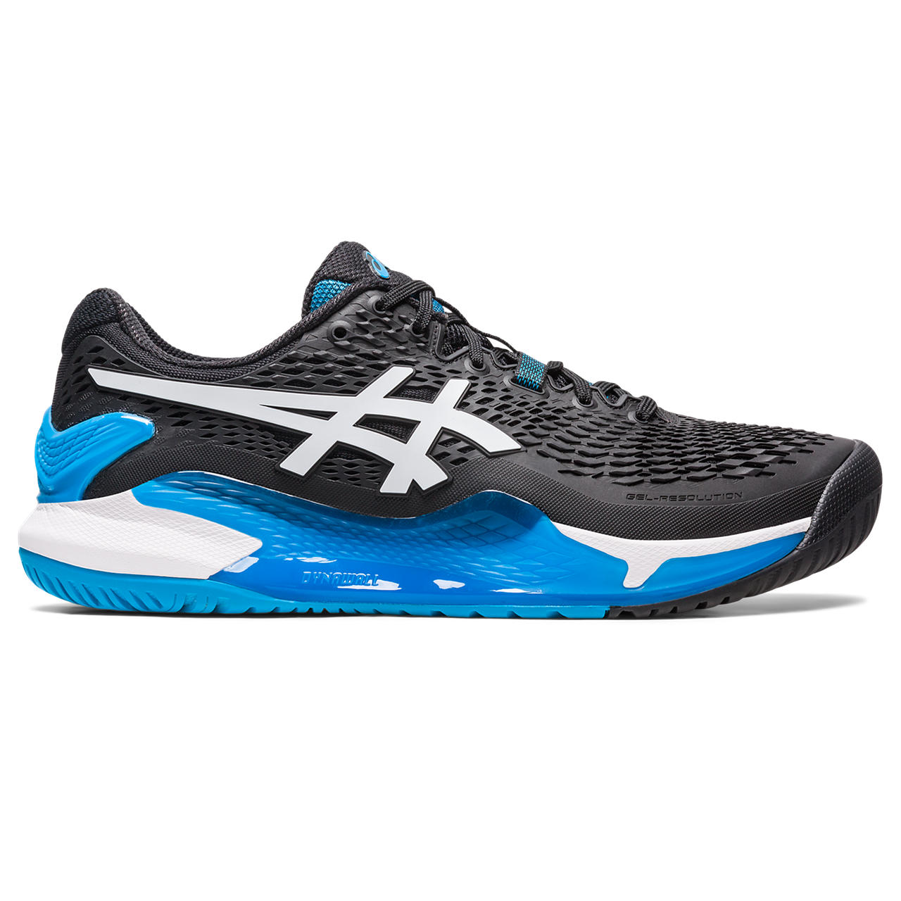 Lateral view of the ASIC Men's Resolution 9 tennis shoe in Black/White
