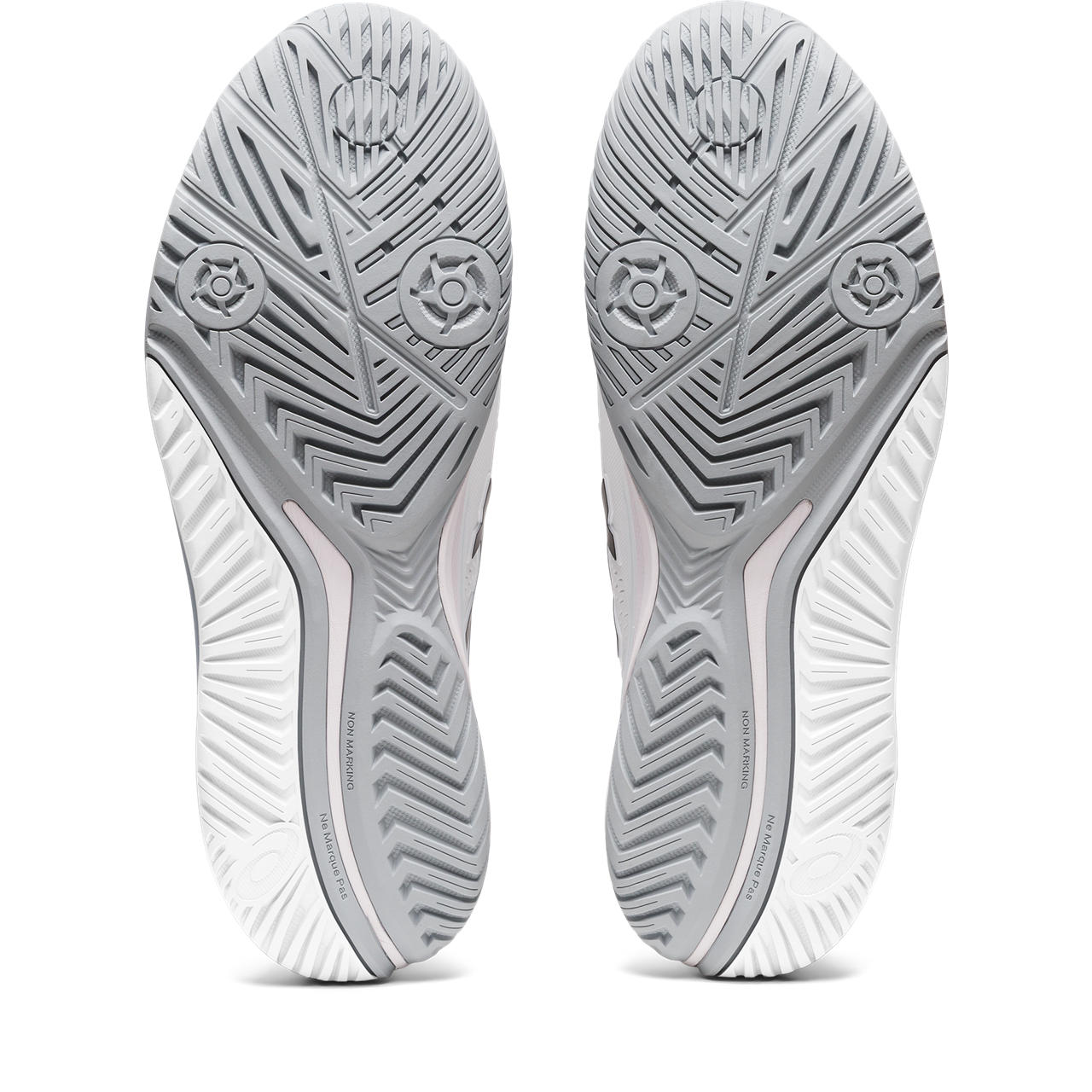 Bottom (outer sole) view of the ASIC Men's Resolution 9 tennis shoe in the color White/Black