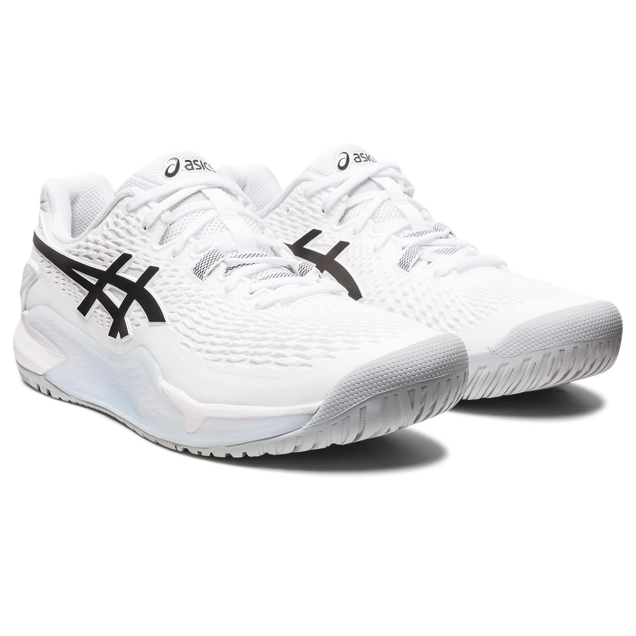 Front angle view of the ASIC Men's Resolution 9 tennis shoe in the color White/Black