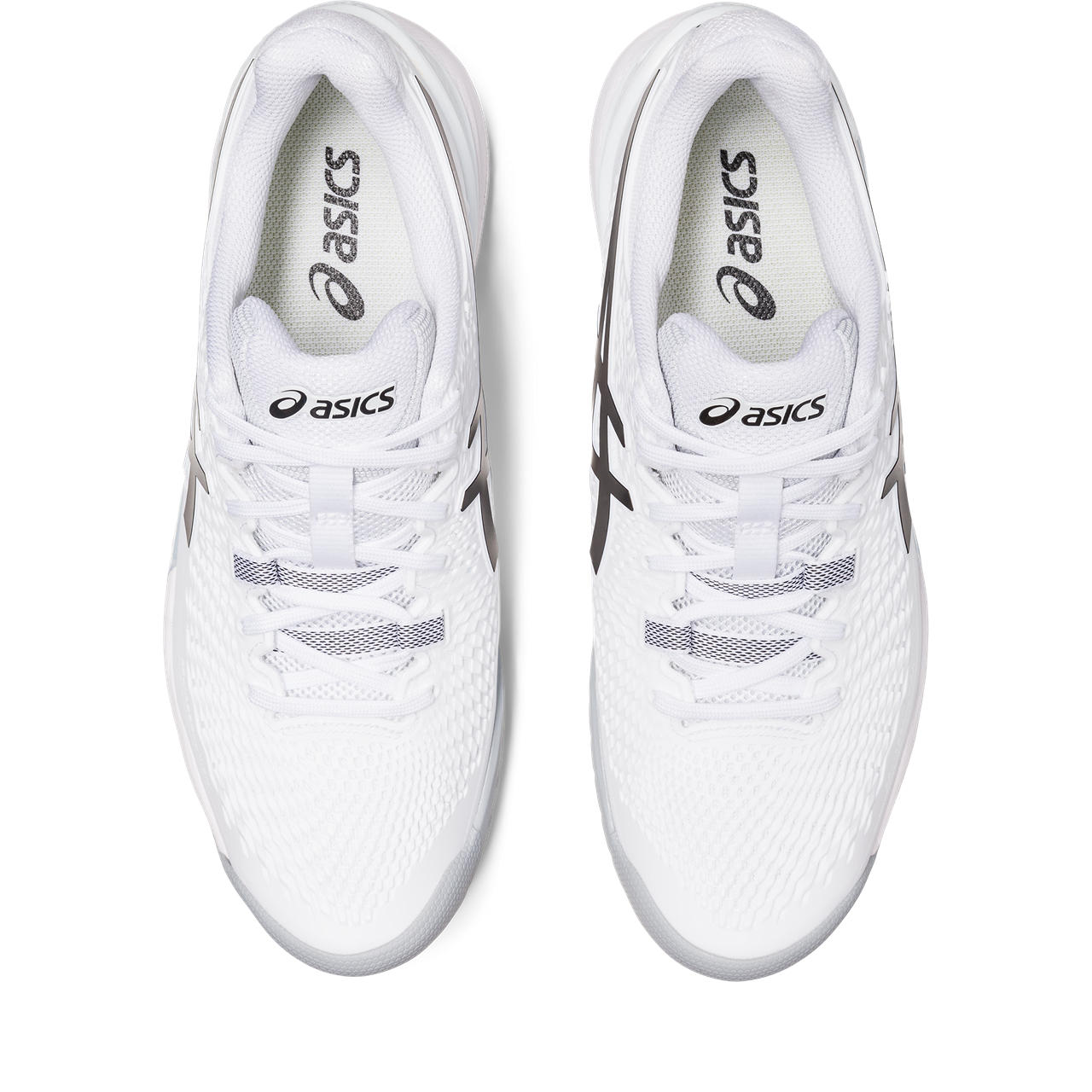 Top view of the ASIC Men's Resolution 9 tennis shoe in the color White/Black