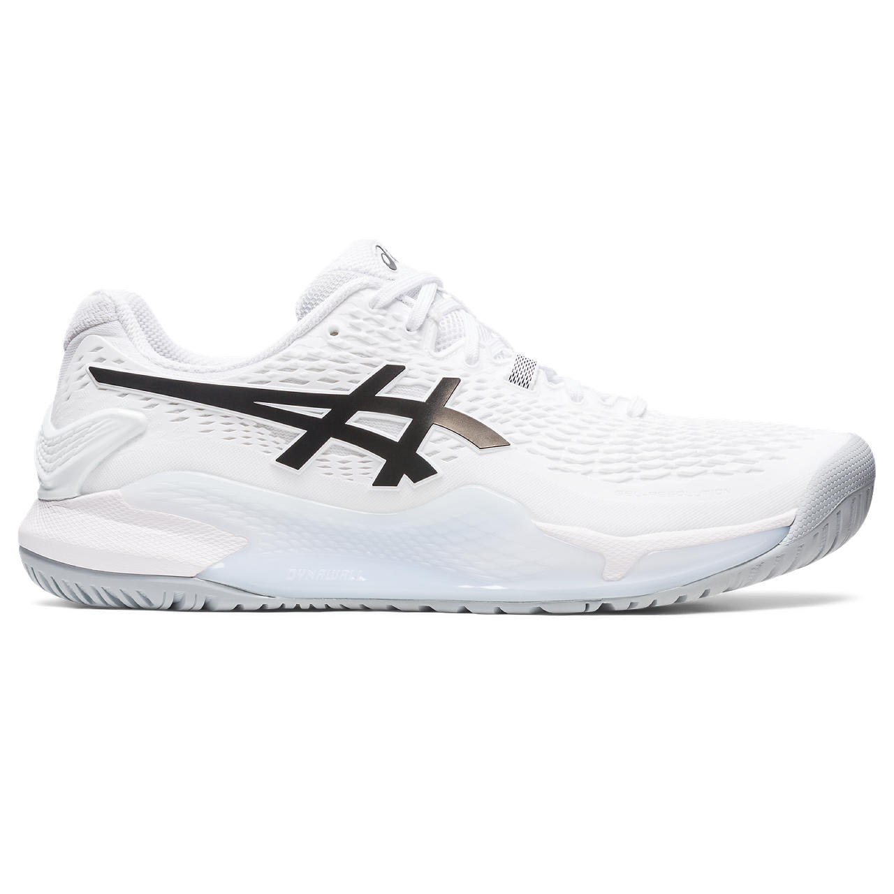 Lateral view of the ASIC Men's Resolution 9 tennis shoe in the color White/Black