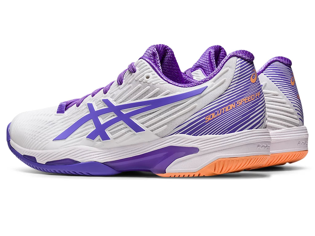 Back angled view of the Women's Solution Speed FF 2 tennis shoe by ASIC in the color White/Amethyst