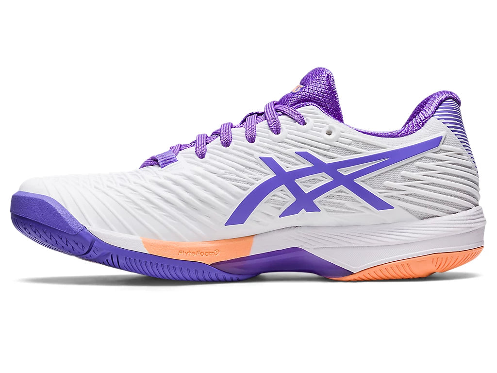 Medial view of the Women's Solution Speed FF 2 tennis shoe by ASIC in the color White/Amethyst