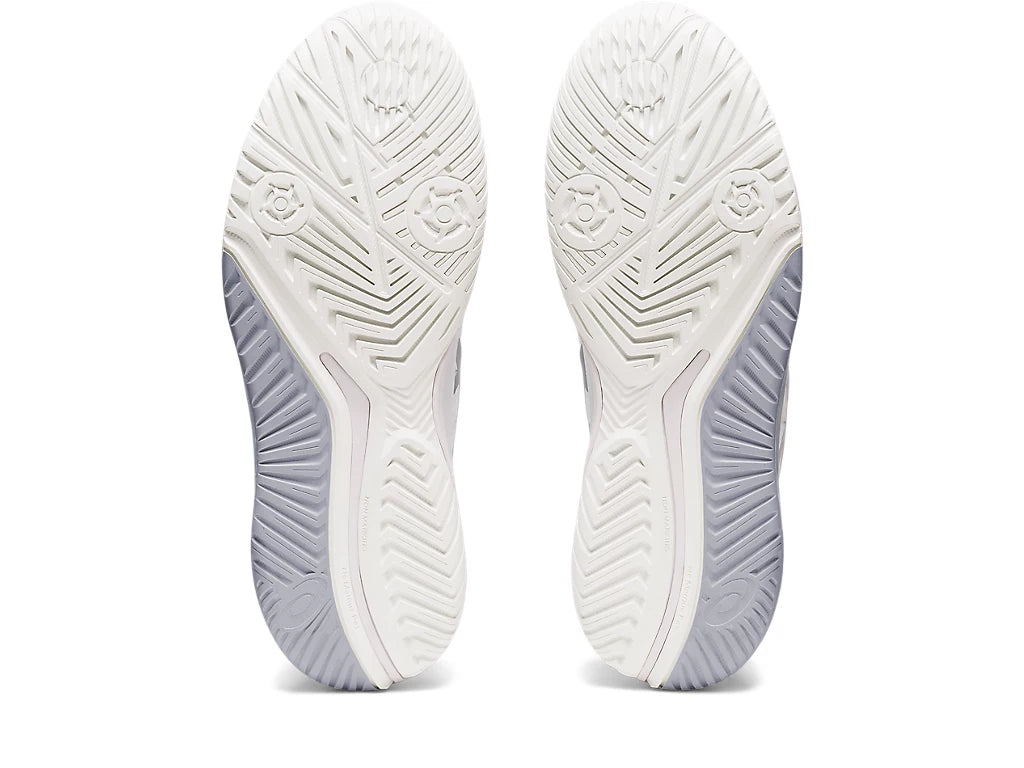 Bottom (outer sole) view of the ASIC Women's Resolution 9 tennis shoe in the color White/Pure Silver