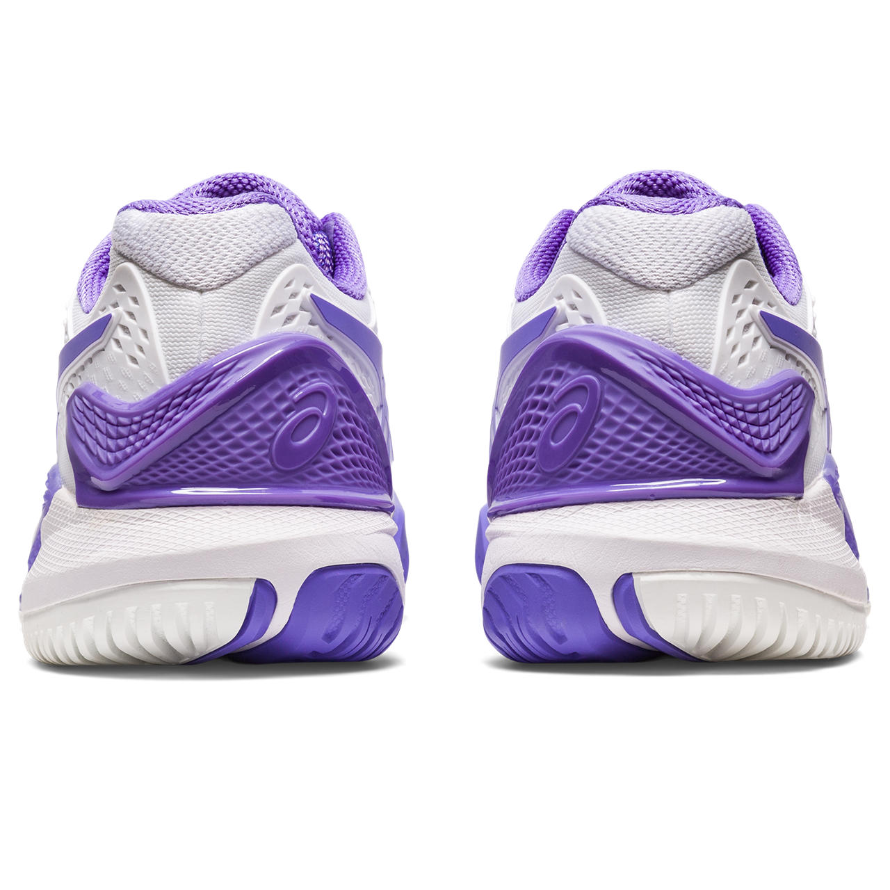 Back view of the Women's ASIC Resolution 9 tennis shoe in the color White/Amethyst