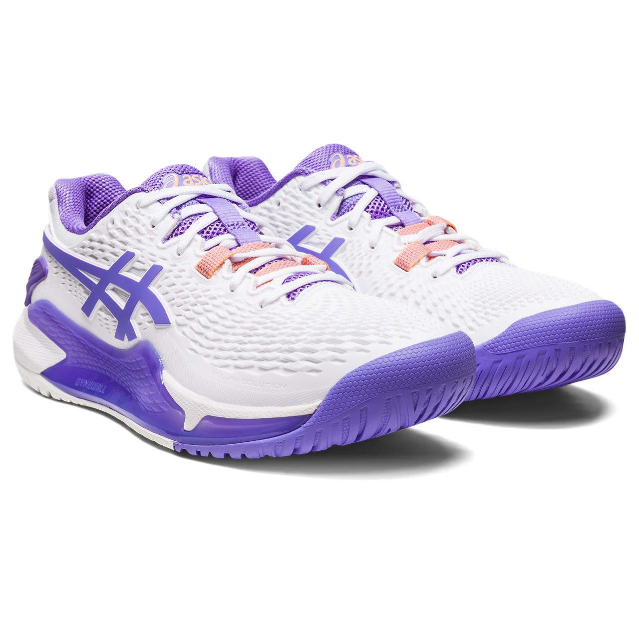 Front angle view of the Women's ASIC Resolution 9 tennis shoe in the color White/Amethyst