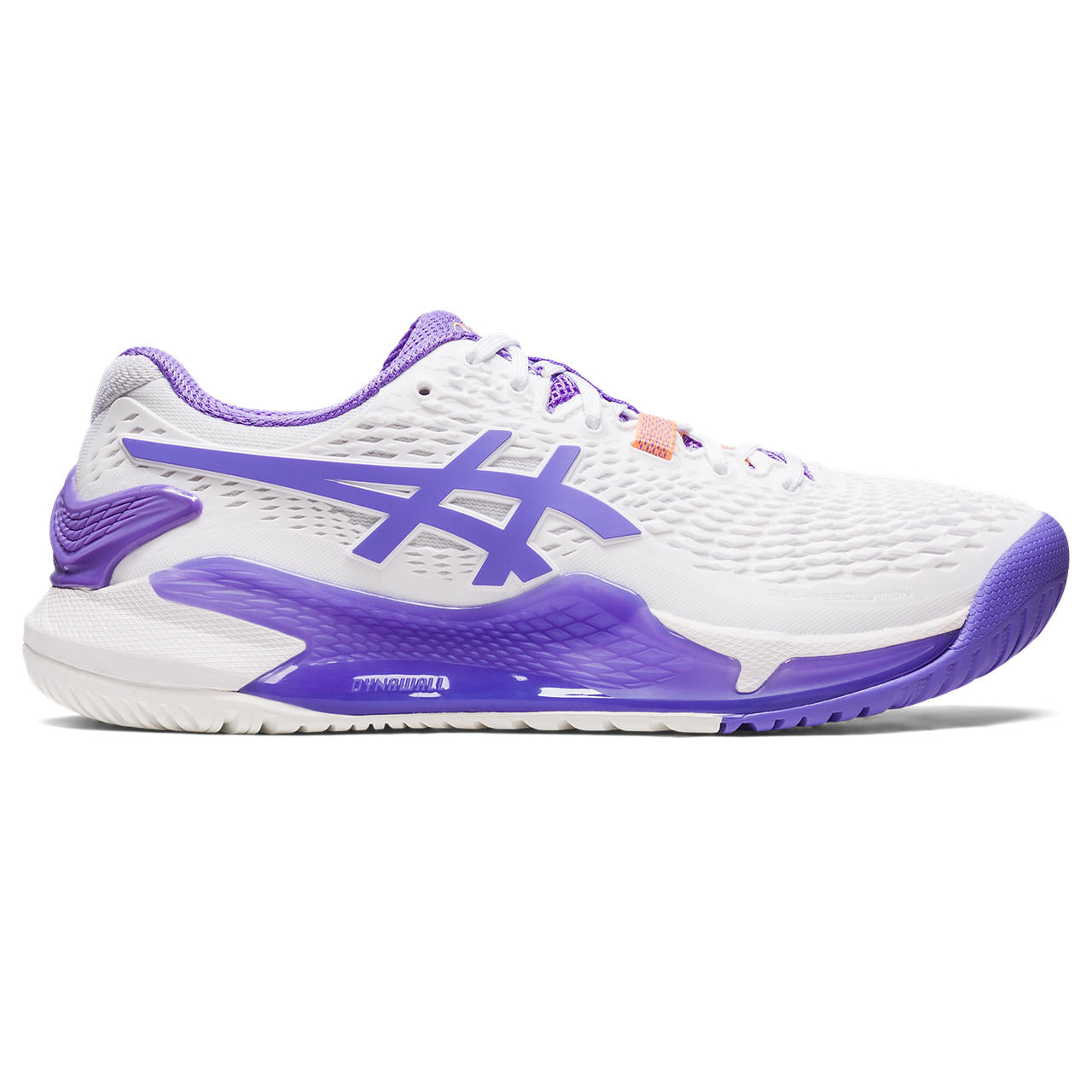 Lateral view of the Women's ASIC Resolution 9 tennis shoe in the color White/Amethyst