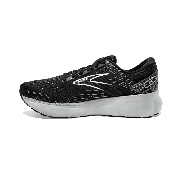 Medial view of the Men's Glycerin 20 in the wide 2E width, color Black/White/Alloy