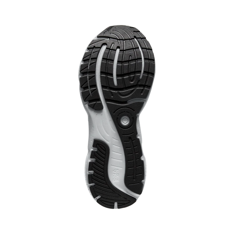 Bottom (outer sole) view of the Men's Glycerin 20 in the wide 2E width, color Black/White/Alloy