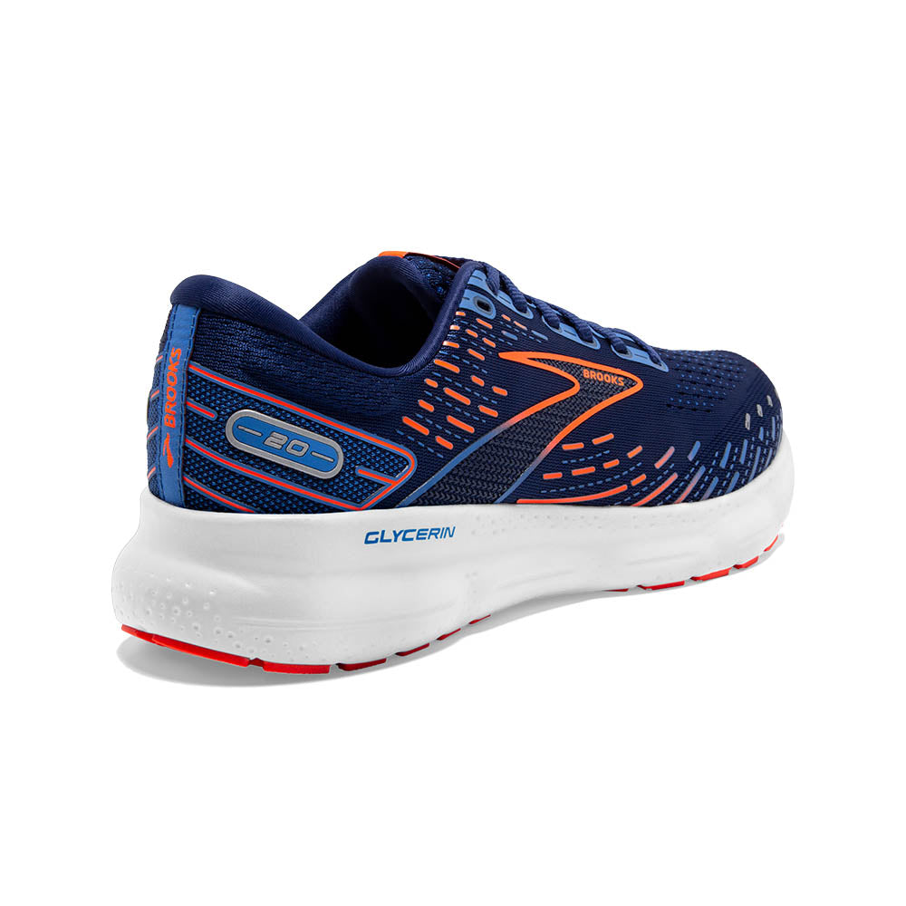 Back angle view of the Men's Glycerin 20 in Blue Depths/Palace Blue/Orange