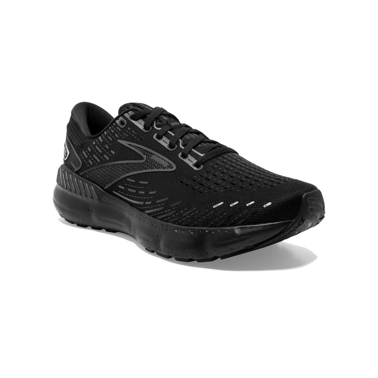 Front angled view of the Men's Glycerin GTS 20 by BROOKS in the wide width 2E, color Black/Black/Ebony