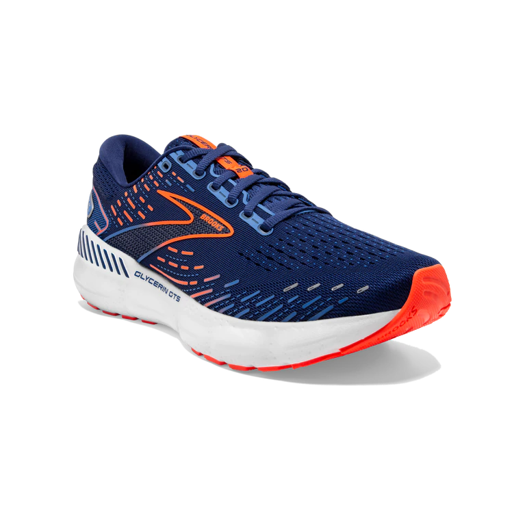 Front angled view of the Men's Glycerin GTS 20 by BROOKS in the color Blue Depths/Palace Blue/Orange