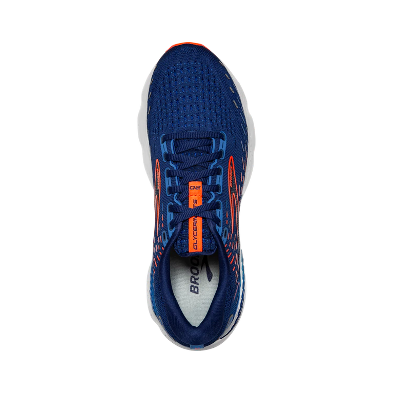 Top view of the Men's Glycerin GTS 20 by BROOKS in the color Blue Depths/Palace Blue/Orange