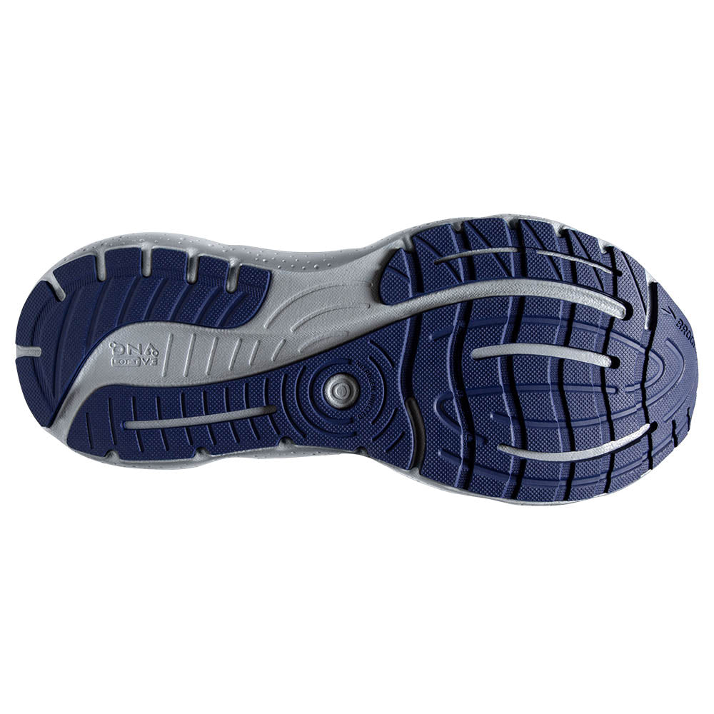 Bottom (outer sole) view of the Men's Glycerin Stealthfit GTS 20 by BROOKS in the color Oyster/Alloy/Blue Depths