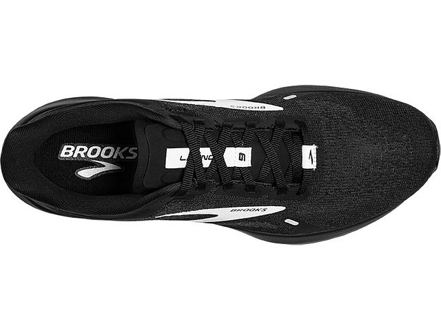 Top view of the Men's Launch 9 by Brooks in the wide 2E width, color Black/White