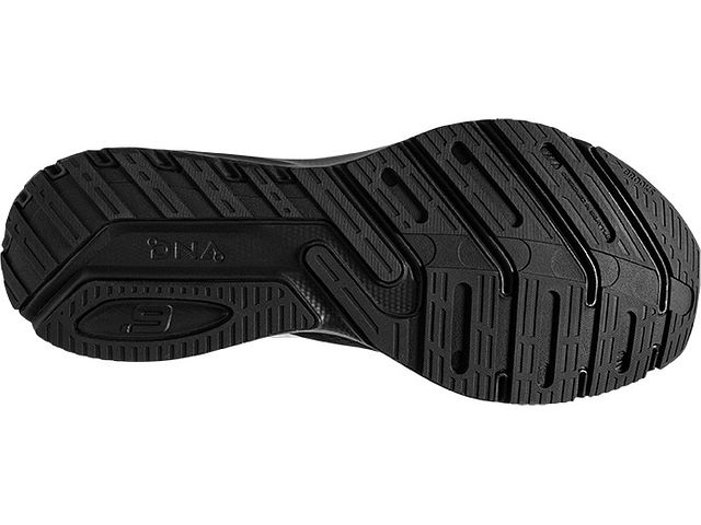 Bottom (outer sole) view of the Men's Launch 9 by Brooks in the wide 2E width, color Black/White
