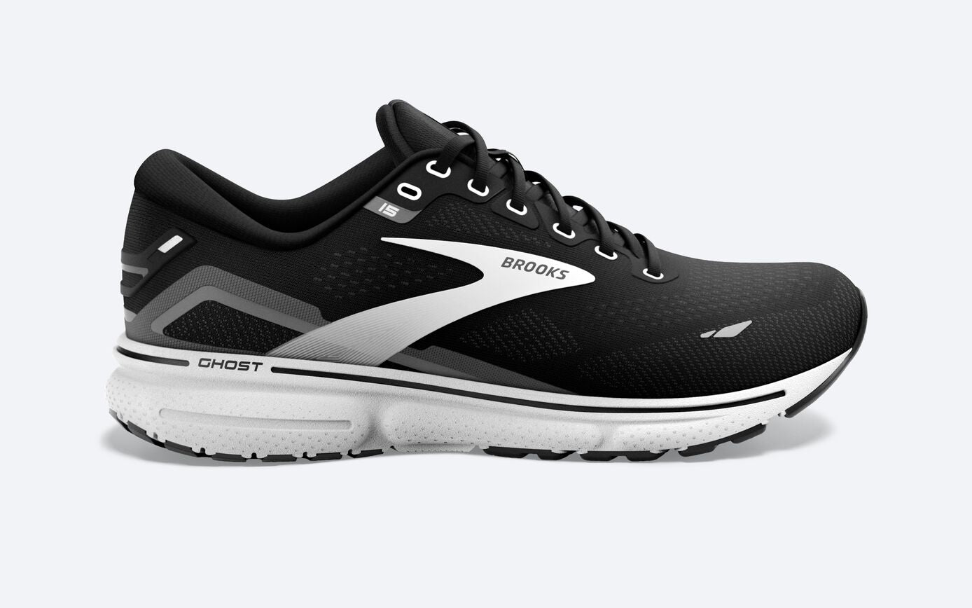 Lateral view of the Women's Ghost 15 by Brooks in the wide D width, color Black/BlackenedPearl/White