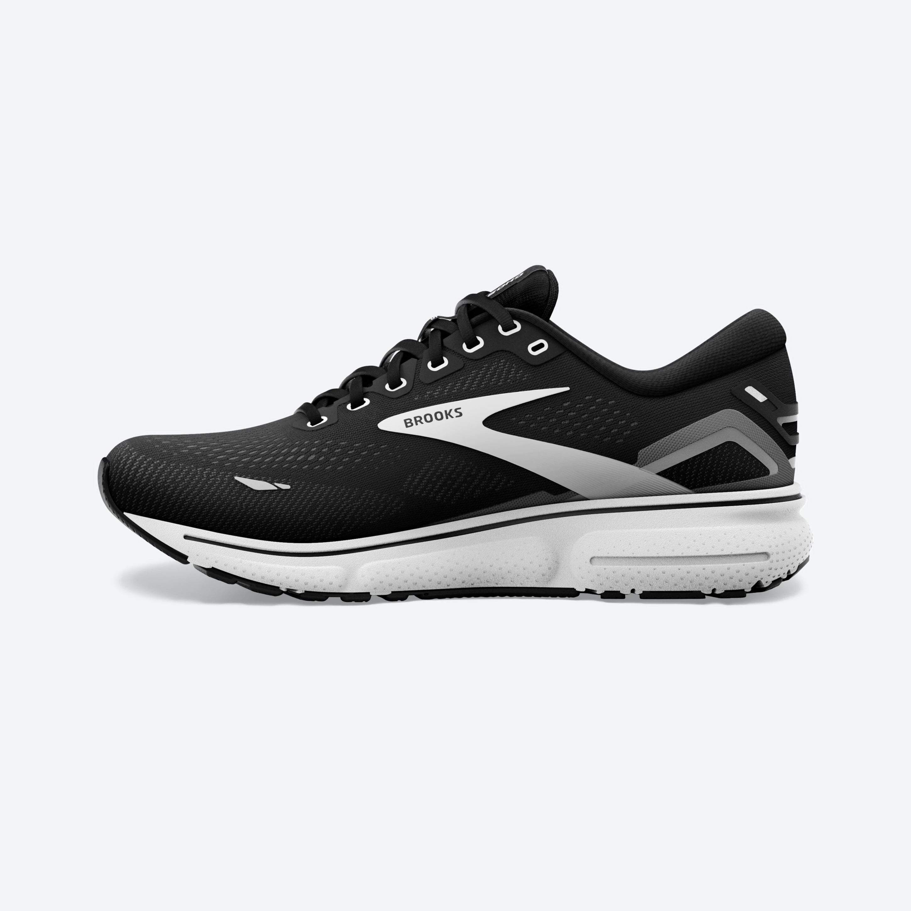 Medial view of the Women's Ghost 15 by Brooks in the wide D width, color Black/BlackenedPearl/White