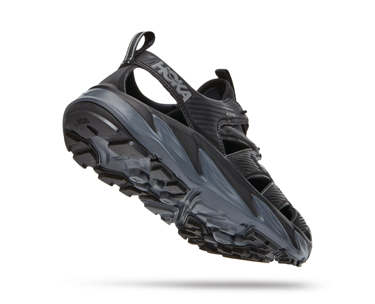 Back angled view of the Men's Hopara sandal by HOKA in Black
