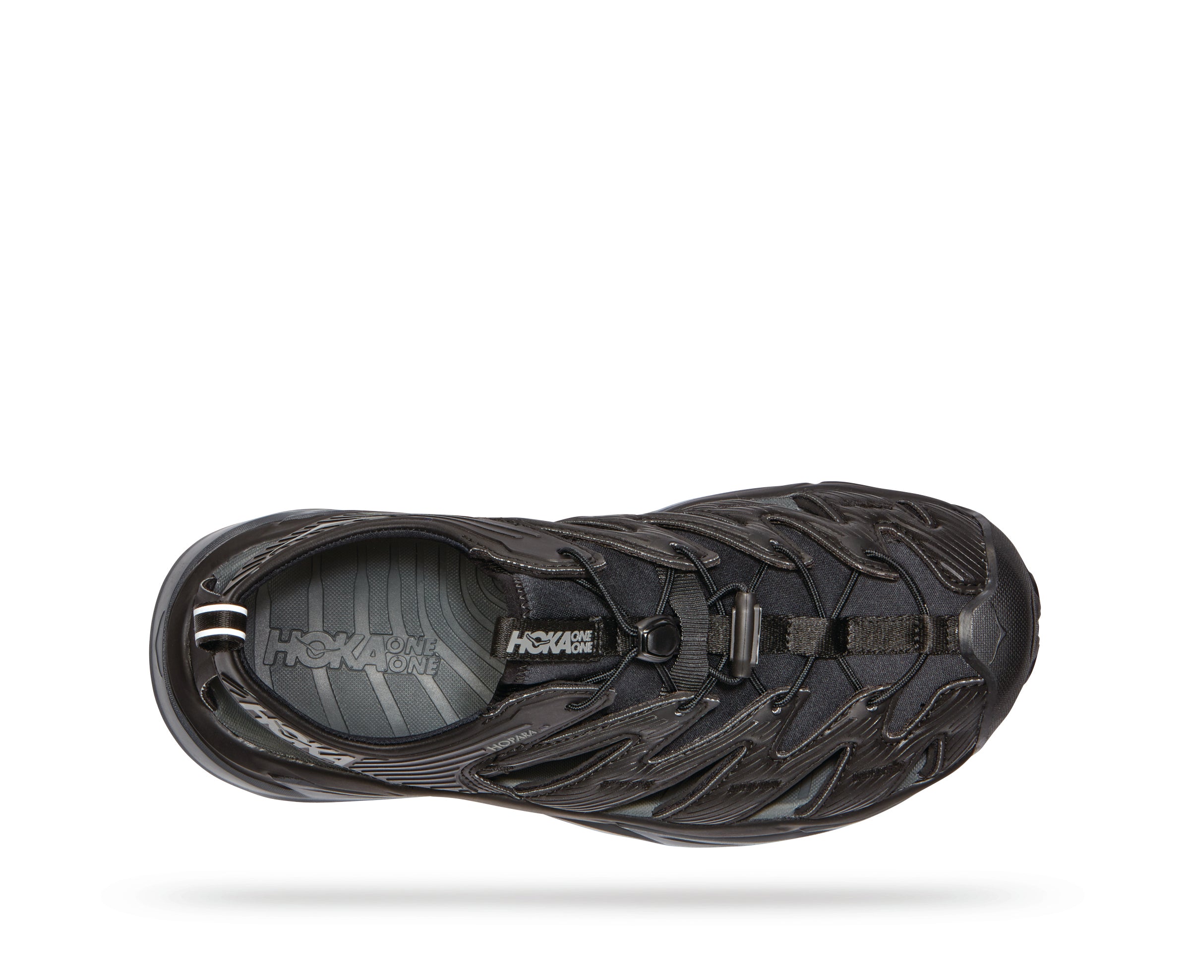 Top view of the Men's Hopara sandal by HOKA in Black