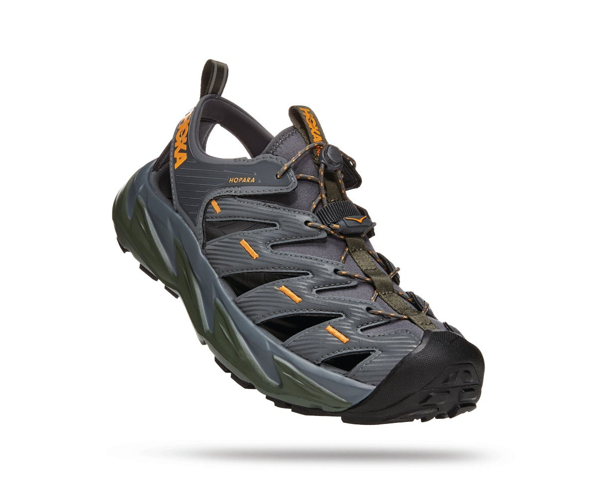 Lateral angled view of the Men's Hopara sandal by HOKA in the color Castlerock / Thyme