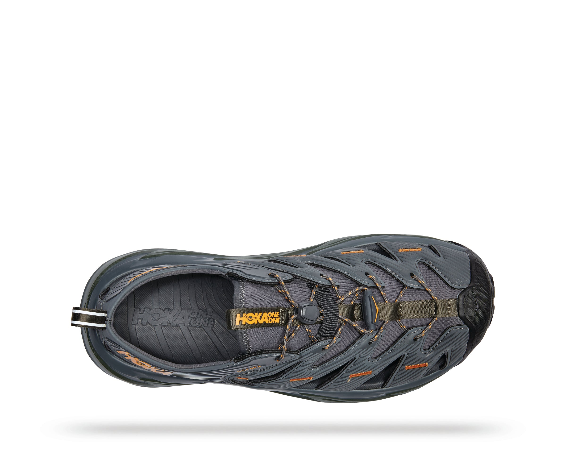 Top view of the Men's Hopara sandal by HOKA in the color Castlerock / Thyme
